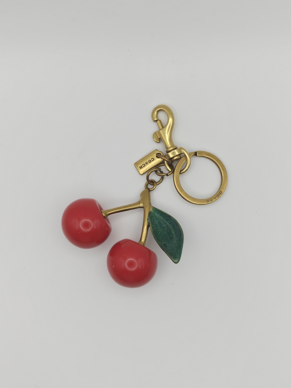 Coach Red Cherry Bag Charm Keychain with Green Leaf and Gold Hardware - Picture 3 of 4